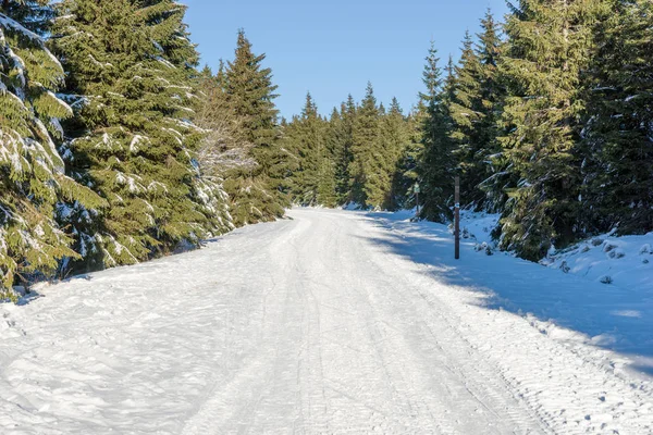 Empty snow covered road in winter landscape in the Giant mountains — Stock Photo, Image