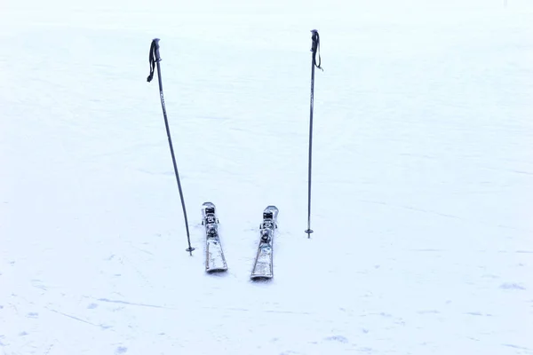 Ski poles and skis on the snow