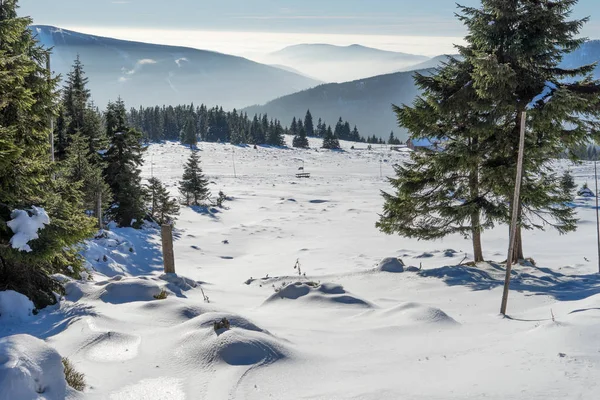Χειμερινό τοπίο με ομίχλη στα γιγαντιαία βουνά — Φωτογραφία Αρχείου