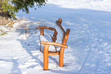 Bir kış gününde karla kaplı Park bankında