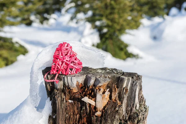 Rött hjärta på en stubbe i vinter — Stockfoto