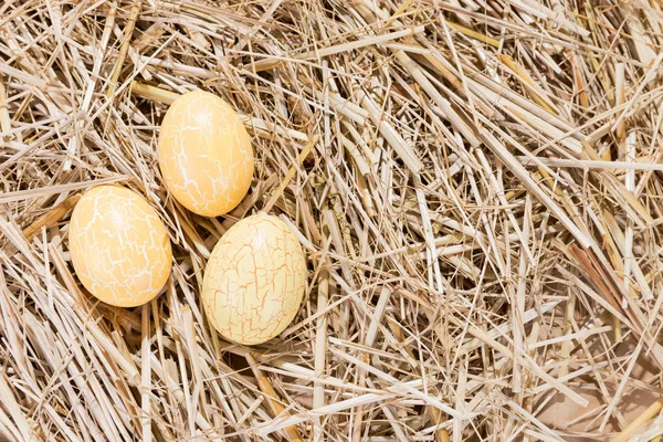 Tre uova di Pasqua gialle in paglia — Foto Stock