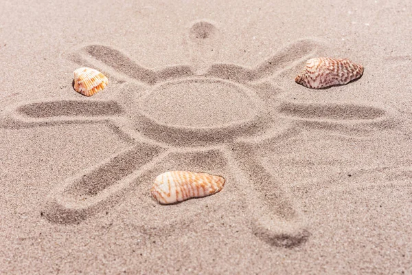 Sonne im Sand gezeichnet, mit Muscheln — Stockfoto