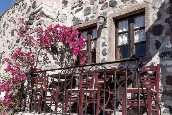 Pequeña terraza típica con flores en la casa en Pyrgos —  Fotos de Stock