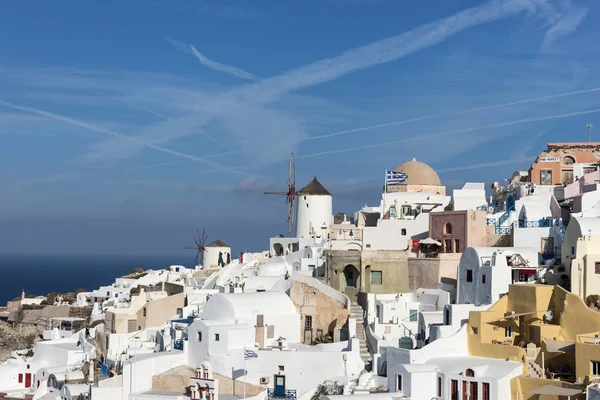 Casco Antiguo Oia Isla Santorini Casas Blancas Molinos Viento Iglesias —  Fotos de Stock