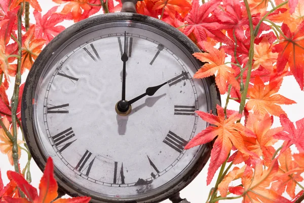 Fall Time Change Autumn Leaves Retro Clock — Stock Photo, Image
