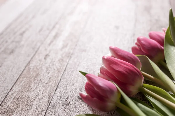 Roze Tulpen Houten Achtergrond Tulpen Bloem Achtergrond — Stockfoto