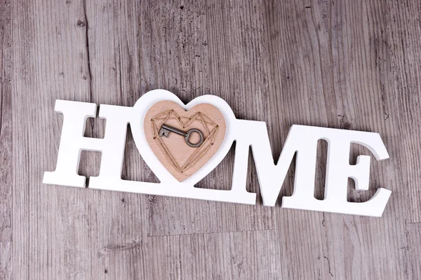 Key Heart Word Home Front Wooden Background — Stock Photo, Image