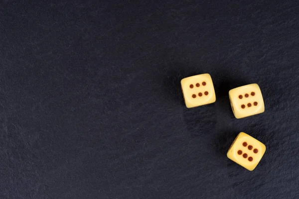 Three Dices Black Background Six Side Dices Brown Dots — Stock Photo, Image