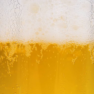 Bira kabarcık köpük, bira arka plan ile yakın çekim
