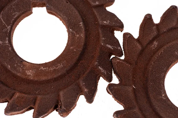 Two Incredible Rusty Chocolate Gears Isolated White — Stock Photo, Image