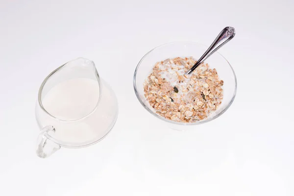 Breakfast Muesli Milk Glass Isolated White — Stock Photo, Image