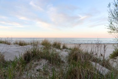 Dunes kum ve çim yumuşak akşam günbatımında ışık. Baltık Denizi Almanya