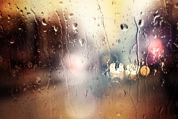 Blurred Car Lights Raindrops Front Window — Stock Photo, Image