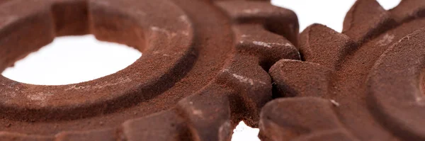 Panorámás Kép Két Hihetetlen Rozsdás Csokoládé Fogaskerekek Elszigetelt Fehér — Stock Fotó