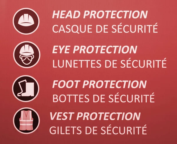 Construction Industry Health and Safety Icons on red background. Description in English and French