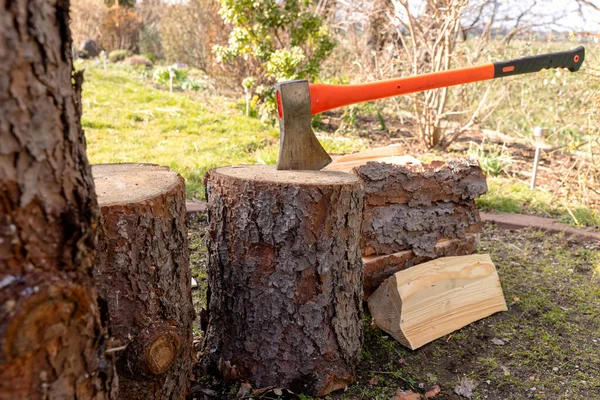 Sekera Dřevěnou Rukojetí Zaseknutou Pařezu Stromu — Stock fotografie