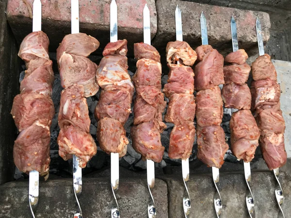 熱い燃焼コイルを使用してグリル肉串 公園内の家族料理の準備 — ストック写真