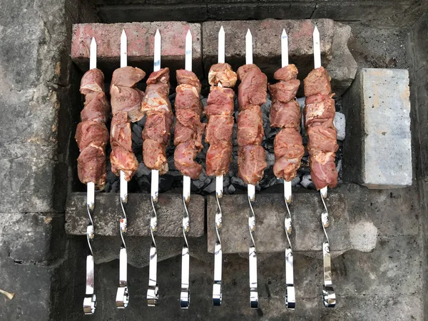 Brochetas Carne Parrilla Utilizando Bobinas Combustión Caliente Preparación Alimentos Familiares —  Fotos de Stock