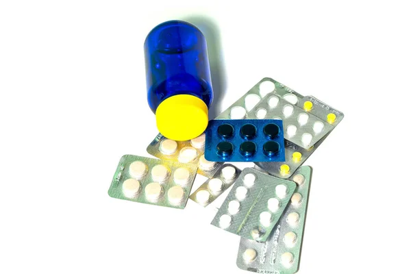 Απομονωμένα Πολλά Πακέτα Φαρμάκων Πάνω Από Λευκό Χαρτί Φαρμακευτική Θεραπεία — Φωτογραφία Αρχείου