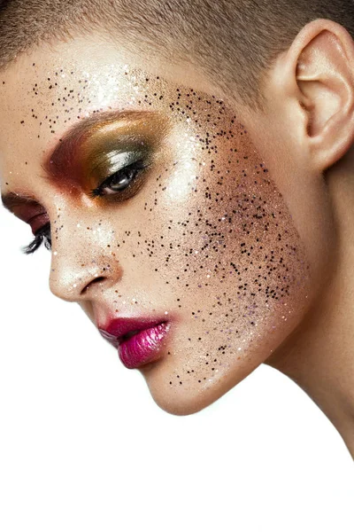 Close up of woman face with glitter on face — Stock Photo, Image