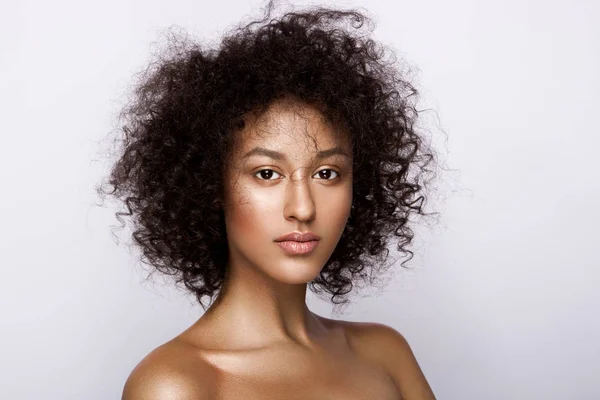 Retrato de estúdio de moda de bela mulher americana africana com perfeita pele mulata brilhante suave, compõem — Fotografia de Stock