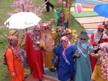 Kediri, Doğu Java Endonezya - 17 Şubat 2019: Kore 'nin geleneksel elbisesi Hanbok' ta Gyeongbokgung Sarayı 'nda ve kiraz çiçekleri açan ziyaretçi.