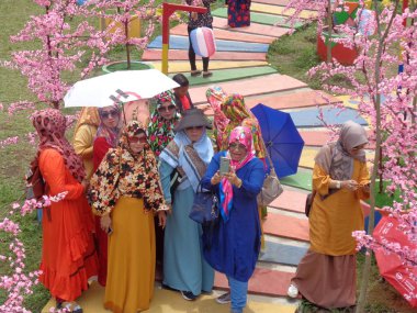Kediri, Doğu Java Endonezya - 17 Şubat 2019: Kore 'nin geleneksel elbisesi Hanbok' ta Gyeongbokgung Sarayı 'nda ve kiraz çiçekleri açan ziyaretçi.