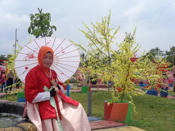 Kediri Východní Jáva Indonésie Desember 2019 Návštěvník Korejských Tradičních Šatech — Stock fotografie