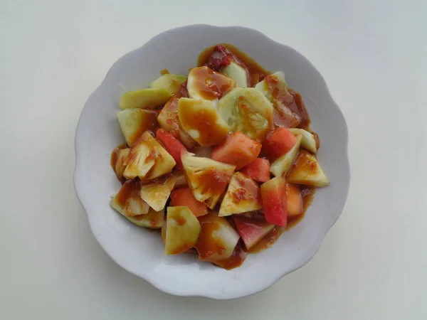 Lotis Buah Rujak Sudore Acido Piccante Fresco Frutta Con Pasta — Foto Stock