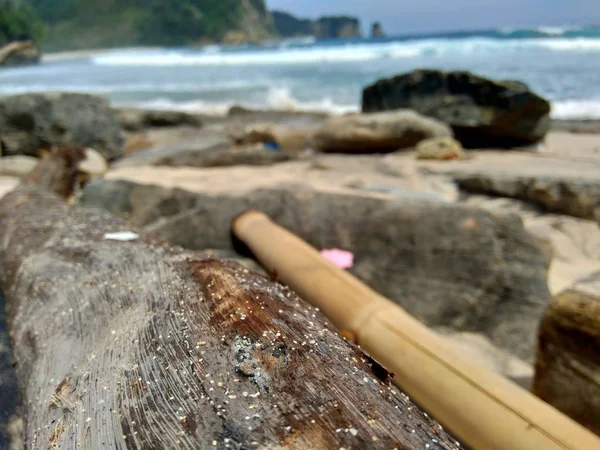 Madera Natural Sobre Naturaleza Con Arena Roca Playa — Foto de Stock