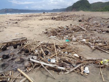 Sahildeki çöpler kirli ve dağınık gösteriyor. Kirlilik çünkü birçok plastik, ahşap ve diğerleri ziyan oluyor..