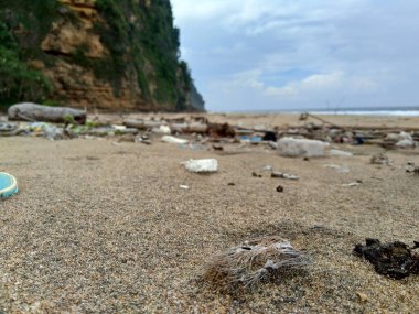 Sahildeki çöpler kirli ve dağınık gösteriyor. Kirlilik çünkü birçok plastik, ahşap ve diğerleri ziyan oluyor..