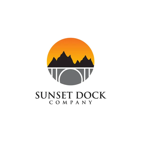 Dock Sunset View Logo Design Krajina Vektorová Šablona — Stockový vektor
