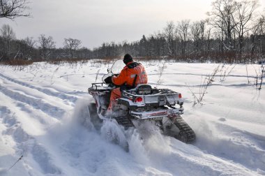Atv, taygada karlı bir yolda gidiyor.