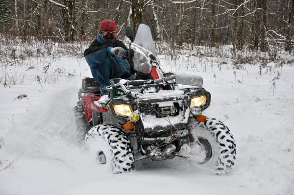 Een Atv op wielen rijden op een taiga bosweg in de winter. — Stockfoto