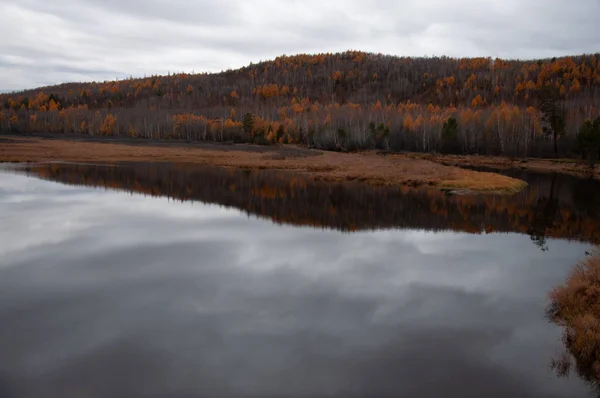 Outono paisagem taiga com árvores, céu e nuvens — Fotografia de Stock