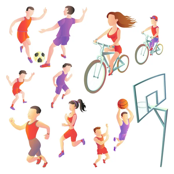 Set de oameni implicați în diferite tipuri de sporturi fotbal, alergare, ciclism, baschet. sportivi imagini vectoriale pe un fundal alb — Vector de stoc