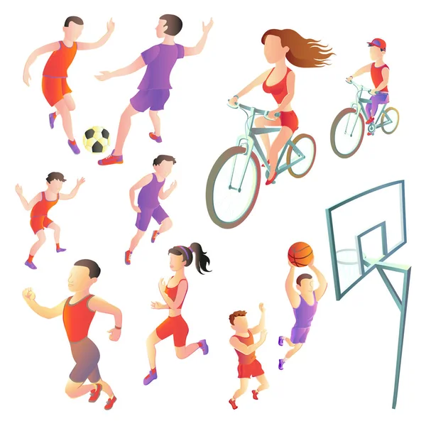 Insieme di persone coinvolte in diversi tipi di sport calcio, corsa, ciclismo, basket. atleti immagini vettoriali su sfondo bianco Grafiche Vettoriali