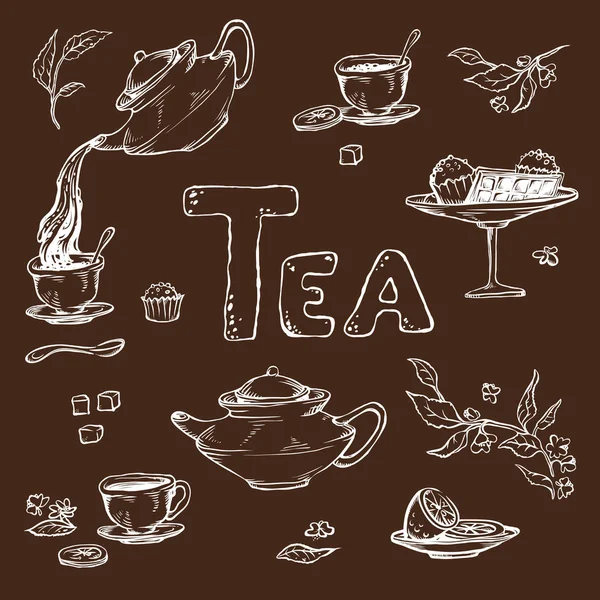 Bosquejo vectorial sobre un fondo oscuro de elementos para la ceremonia del té. Tetera y tazas, dulces, limón en platillo — Vector de stock