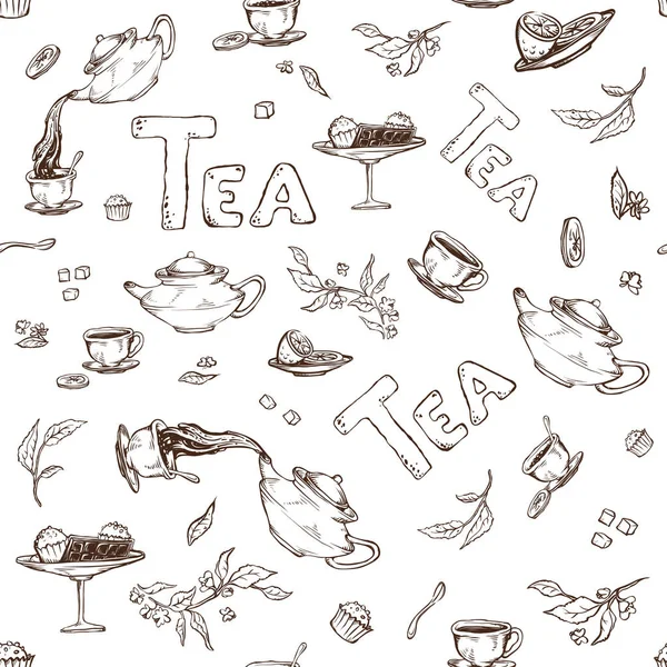 Patrón inconsútil vector en un boceto de fondo blanco de los elementos para la fiesta del té. Tetera y tazas, dulces, limón, platillo — Vector de stock