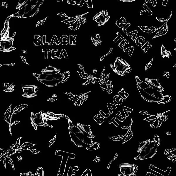 Vector naadloze patroon schets van items bun-strijd en letters op zwarte achtergrond. Thee uit de ketel gegoten in koppen — Stockvector
