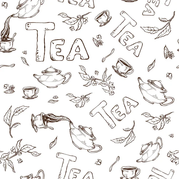 Векторний безшовний візерунок ескіз предметів бу-боротьба і написання. Чай з чайника вливають у чашки Стоковий вектор