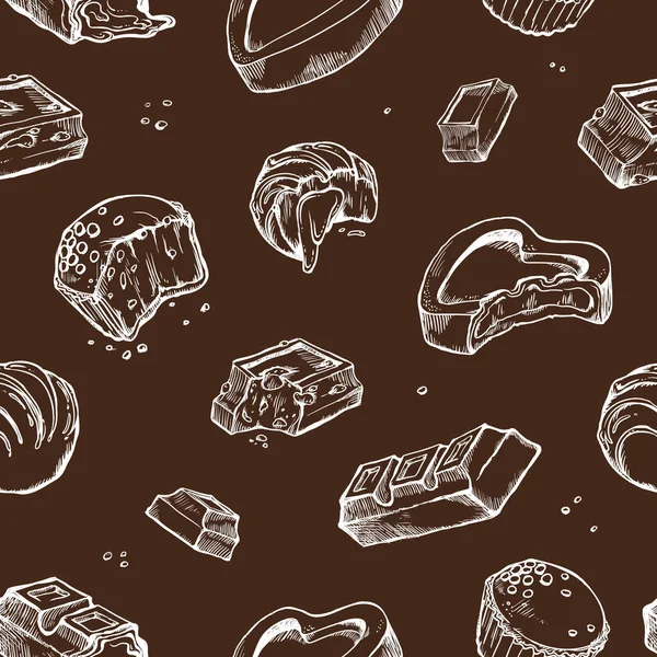 Vektor nahtlose Muster von Skizzen gebissen Pralinen. süße Brötchen, Riegel, glasiert, Kakaobohnen. isolierte Objekte auf dunklem Hintergrund — Stockvektor