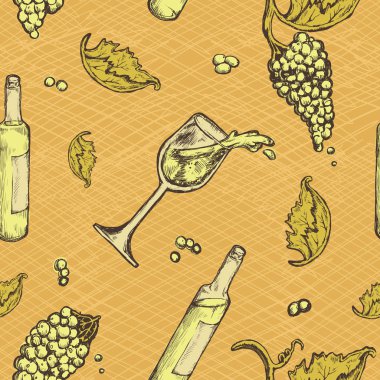 Dikişsiz desen bir alkollü içecek ve üzüm grunge arka plan üzerinde. Şişe beyaz şarap