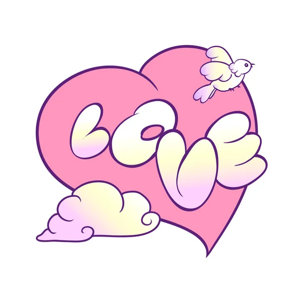 Romantiska vykort bekännelse av kärlek. Stora rosa hjärta, flygande fågel, molnet och word. — Stock vektor