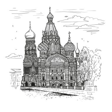Vector sketch illustration. Tourist dostoprimechatelnost.Sobor Resurrection on Spilled Blood or Church of Our Savior in St. Petersburg, Russia