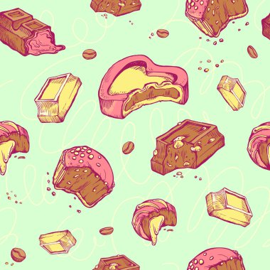 Vektör Dikişsiz desen renkli çizimler dolu çikolata. Tatlı rulolar, barlar, sırlı, kakao çekirdeği. el yapımı harfler