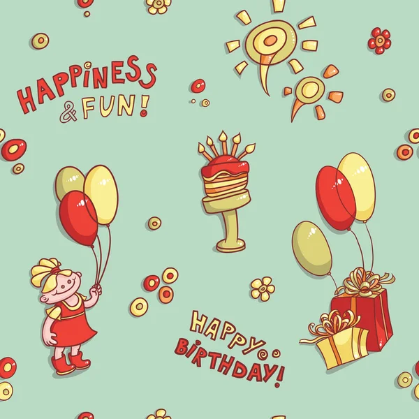 Funny cartoon vector seamless pattern birthday greeting, happiness and fun, hand-drawn retro,  cake with candles, flowers, girl, balloons  fireworks, gifts  bows — Stock Vector