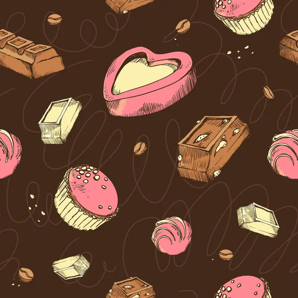 Modèle vectoriel sans couture de croquis colorés chocolats. Petits pains sucrés, barres, glacés, en forme, fèves de cacao. lettres faites main — Image vectorielle
